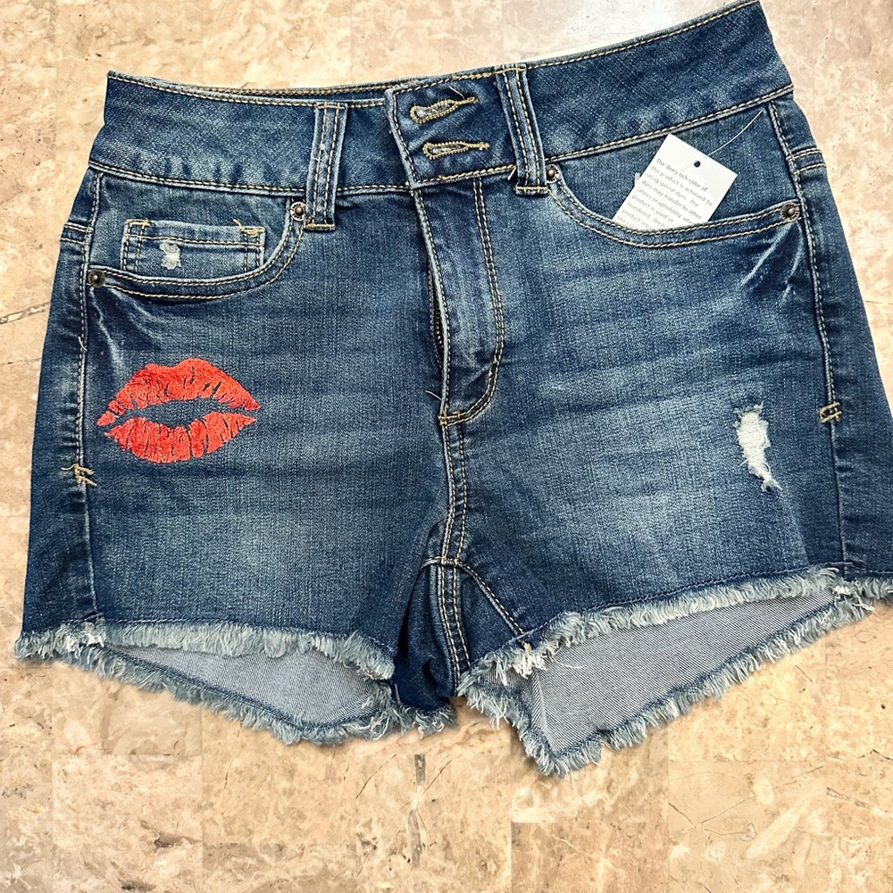 Mudd Blue and Red Jean Shorts with Distressed Design